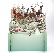 Santa's Sleigh Over Rooftops 3D Pop Up Christmas Greeting Card 