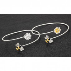 Handpainted Bee Flower Silver Plated Bangle