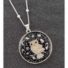 Midnight Sparkle Silver Plated Long Round Owl Necklace